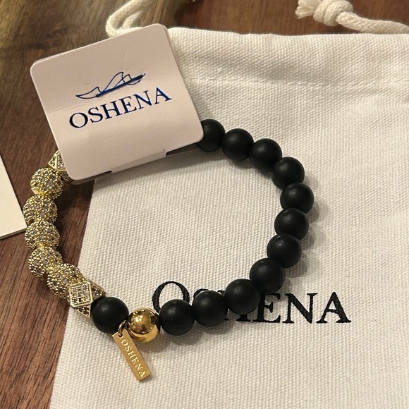 Oshena Black lava and Gold Beaded Bracelet UNISEX - Picture 1 of 4